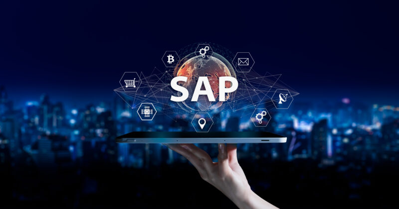 SAP Business Process Automation Software And Management Software (SAP). ERP Enterprise Resources Planning System Concept On Virtual Screen.